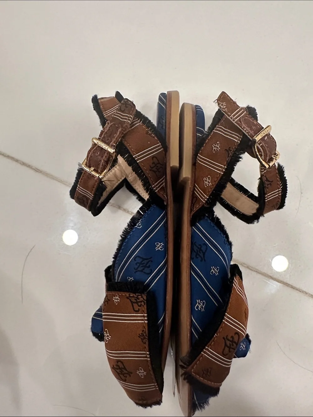 Fendi Blue and Brown Bow Strap Sandals for kids